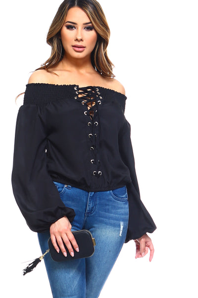 Women's Lace-Up Off Shoulder Elastic Blouse