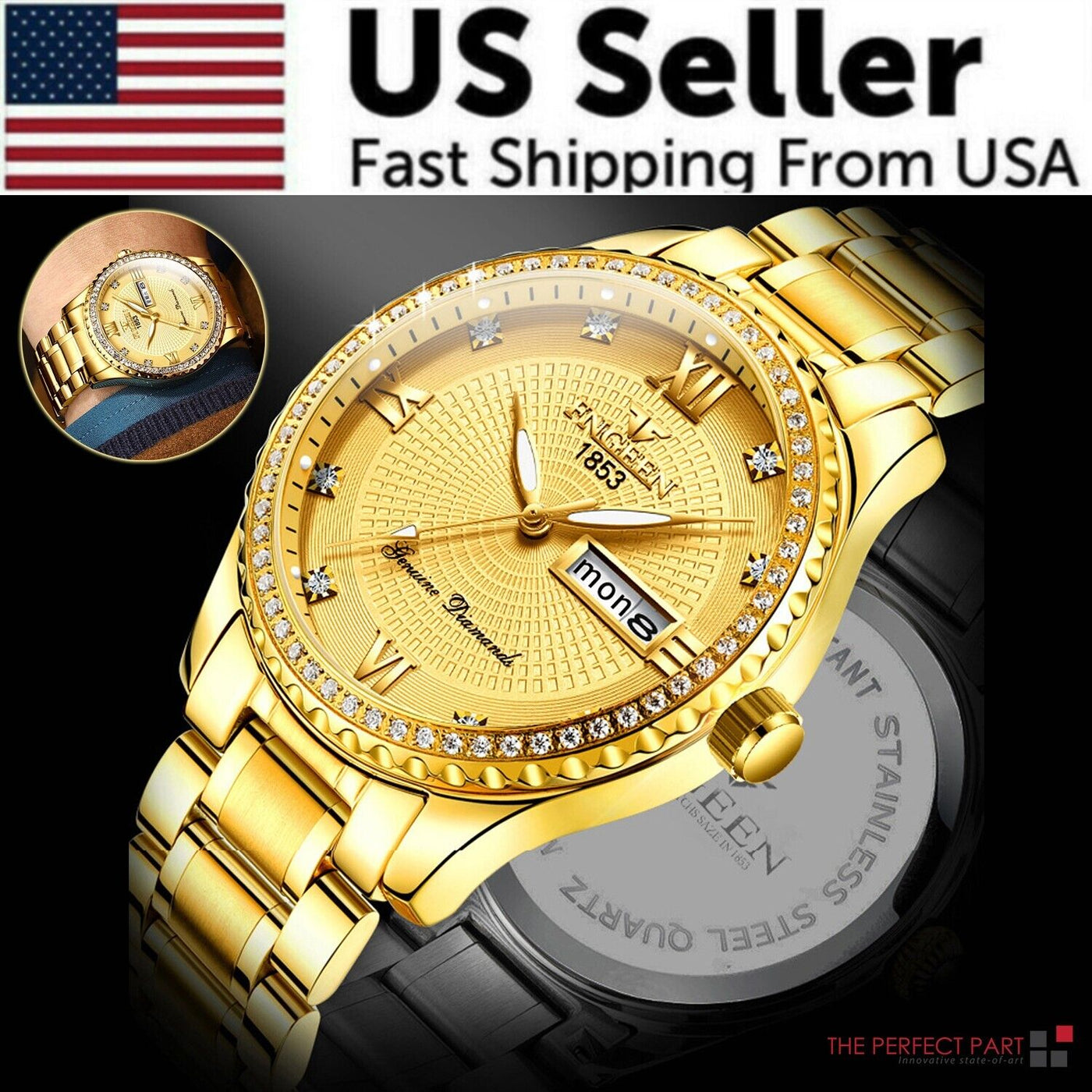 Waterproof Gold Men's Watch Classic Stainless Steel Quartz Analog