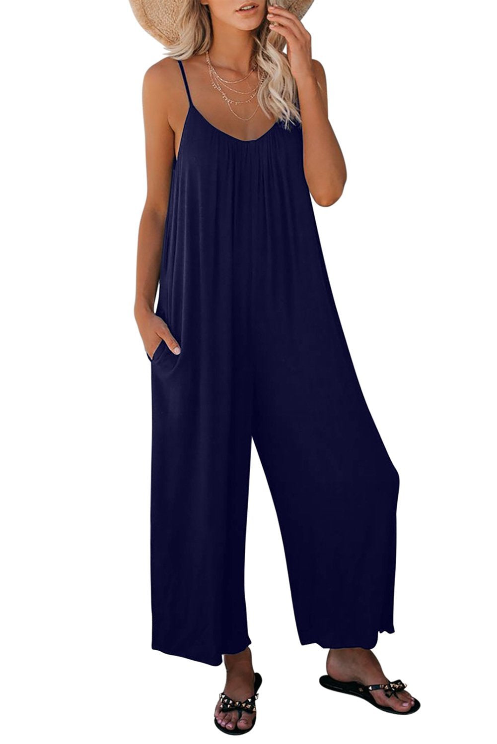 Casual Dark Blue Spaghetti Straps Pocketed Wide Leg Jumpsuits