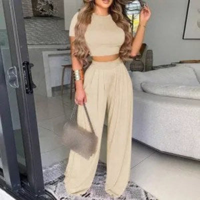 Two Piece Sets Elegant Print Short Sleeve Shirt Pullover + Wide Leg