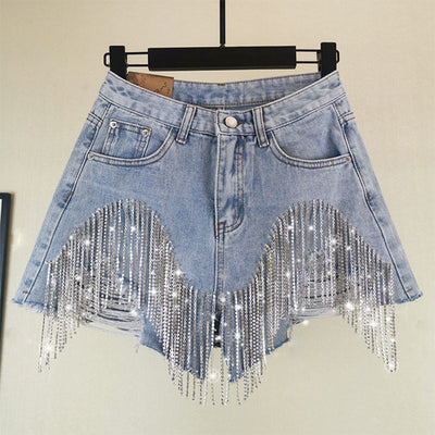 Summer Ripped Jeans Short Femme High Waist Diamond Tassel Y2k Casual