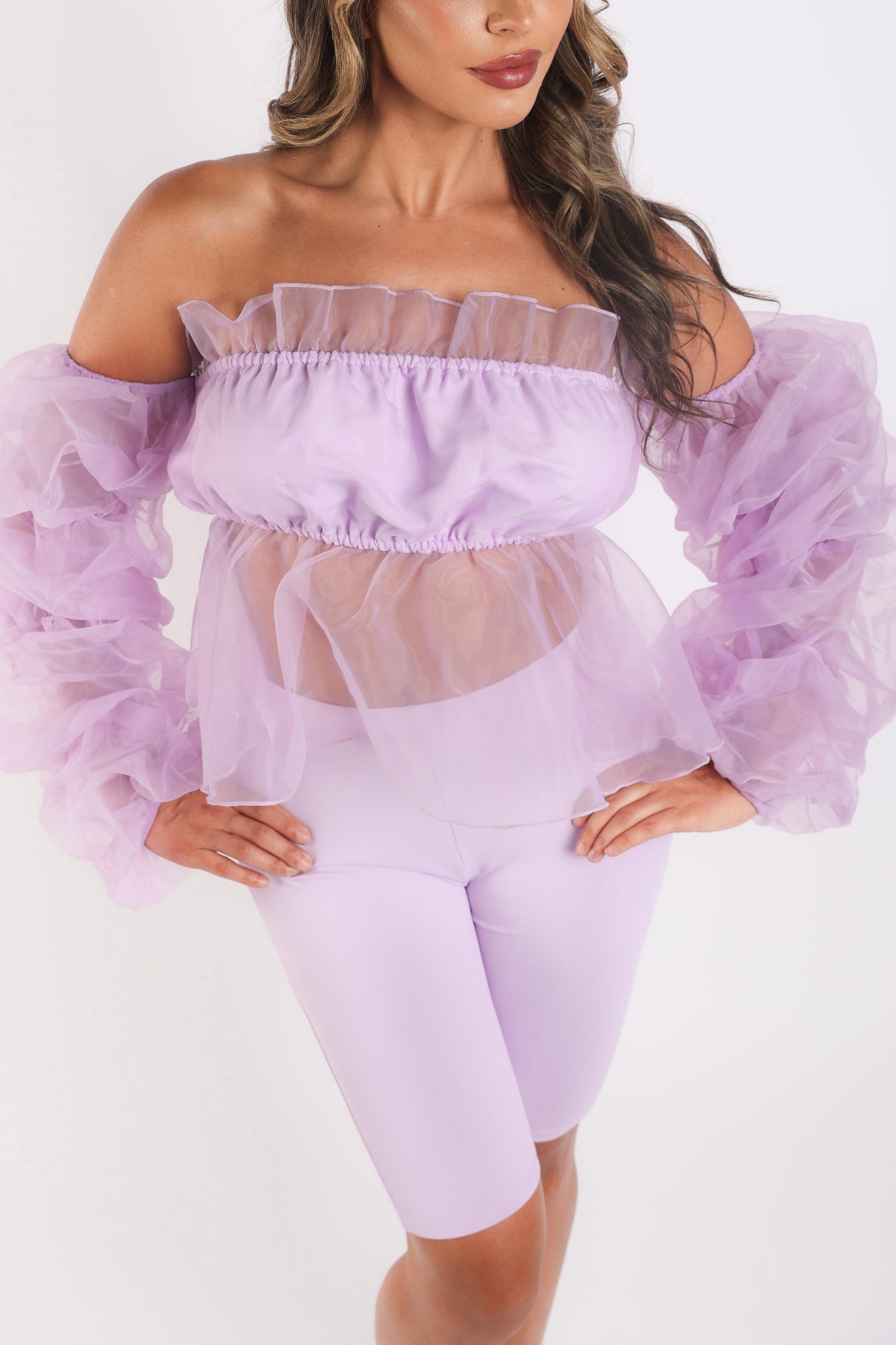 Sexy Organza Sleeve Detailed Top & Matching Shorts 2 Piece Set lavndr