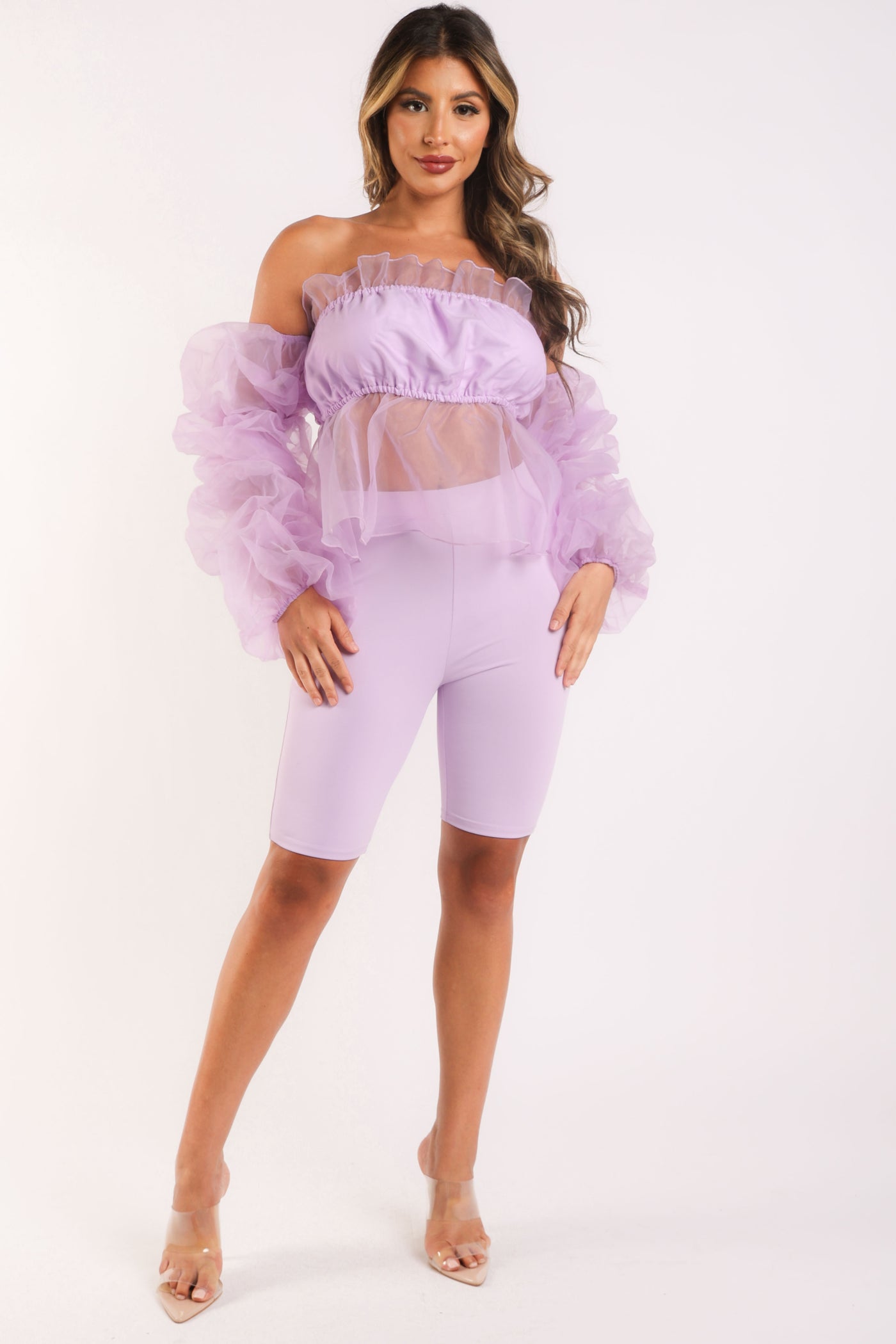 Sexy Organza Sleeve Detailed Top & Matching Shorts 2 Piece Set lavndr